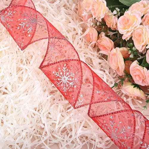 Livder 2.5 Inch Wide Christmas Wired Ribbon Snowflake Organza Sheer Glitter Ribbon for Xmas Tree, Wreath, Party Decoration, Gift Wrapping (Red, 21.9 Yards) thumbnail 4