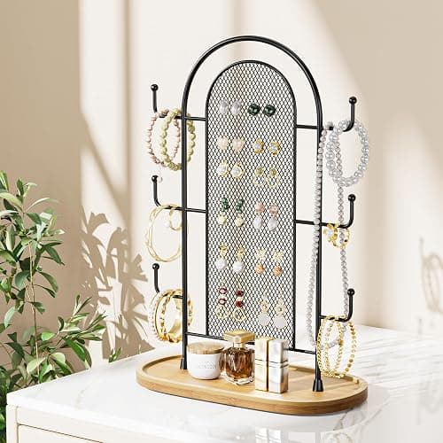 bussdis Jewelry Holder Organizer Earring Display - Stands Earring Storage Earring tree Hanger Jewelry Towers Rack with 6 Hooks 300 Stud Holes Wood Tray for Necklaces Bracelets Rings thumbnail 4