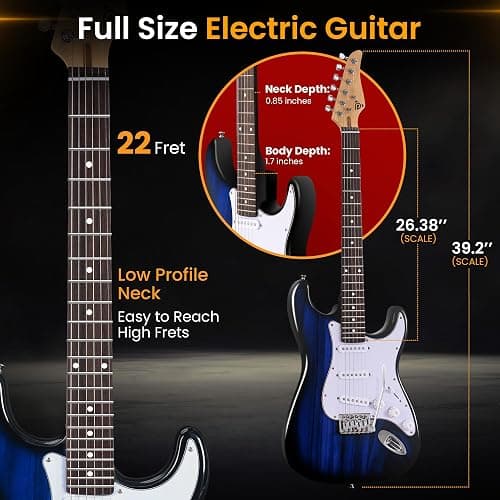 Pyle Electric Guitar and Amp Kit - Full Size 39" Complete Starter Kit with Wearable Bluetooth Amplifier, 1/4” Cable, Carry Case, Strap, Strings, Picks, Cleaning Cloth, ST-Style Pickups (Blue Burst) thumbnail 3