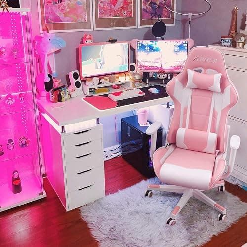 Homall Gaming Chair, Office Chair High Back Computer Chair Leather Desk Chair Racing Executive Ergonomic Adjustable Swivel Task Chair with Headrest and Lumbar Support(Pink) thumbnail 2