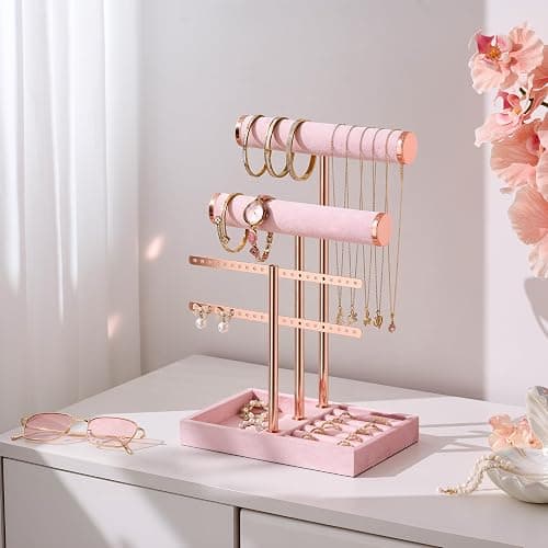 bussdis 3 Tier Bracelet Holder Display - Detachable T Bar Pink Velvet Bracelet Holder, Jewelry Holder Organizer for Bracelet, Necklace, Earrings, Rings thumbnail 2