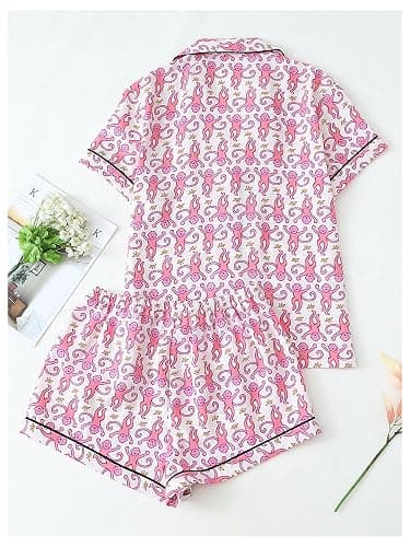 WDIRARA Women's Two Piece Animal Print Short Sleeve Button Shirt and Elastic Waist Shorts Pajama Set - Small - Pink Multicolor thumbnail 2