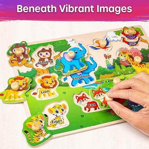 SYNARRY Wooden Puzzles for Toddlers 1-3, 6XSET Puzzles for Toddlers 2-4 with Rack, Learning Alphabet Number Shape Animal Dinosaur Vehicle, Education Toddler Puzzles Toys Gifts for 2 3 Years Boys Girls thumbnail 5