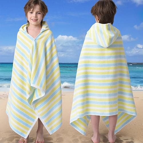 VOOVA & MOVAS Toddler Towels for Boys - 100% Cotton (3-10Years) - Quick Dry Absorbent Lightweigh Hooded Wrap Towel for Pool | Swim | Beach | Bath, Yellow Blue Stripe thumbnail 8
