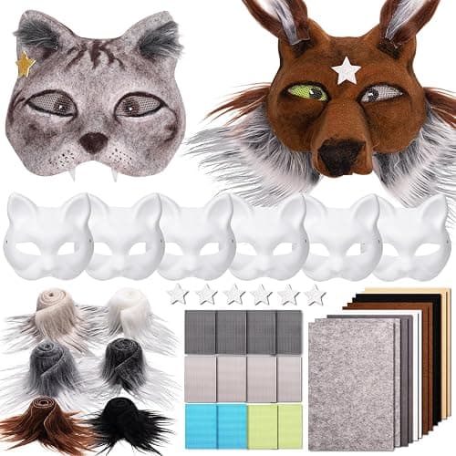OPPKIE Cat Fox Therian Masks 42PCS with Felt Furs Eye Meshes and Stars, Costume Furry Masks to Paint, Animal Mask Arts Crafts Kit, Dress Up DIY for Halloween Christmas Cosplay Party Interaction - Image 1