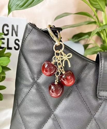 Cute Cherry Keychain Bag Charm with Bow Keychains for Women Bag Decor Her Friends Gift Christmas Birthday thumbnail 2