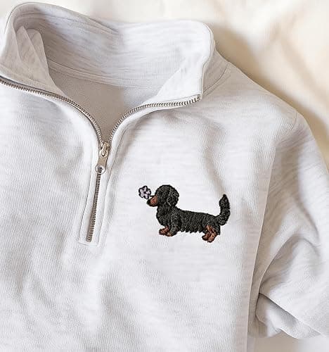 Personalized Embroidered Dachshund Quarter Zip Sweatshirt with Dog Name on Sleeve, Crewneck Sweatshirt, Wiener Dog Gift, Dachshunds Sweater for Women thumbnail 3