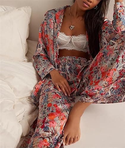 NEVUQO Womens Silk Satin Floral Pjs Set Aesthetic Print Lounge 2 Piece Long Sleeve Pajamas Wide Leg Pants Sleepwear Party thumbnail 3