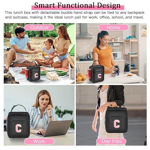 Initial Insulated Lunch Bag, Lunch Box with Initial Letter Patch for Teen Adult, Reusable Lunch Bag for Men Women, Ideal Back to School Gift Birthday Gift, Pink C thumbnail 7