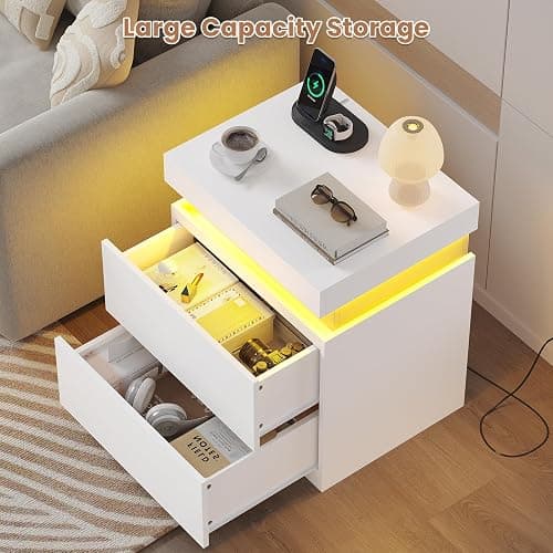 ADORNEVE White Modern Bedside Table with 2 Drawers | Nightstand with Charging Station and LED Lights,Night Stand with Sliding Top,Side Table for Bedroom thumbnail 6
