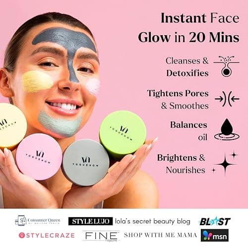 VogueNow Clay Mask Gift Pack of 4 Jars (400g) With Cute Headband & Brush | Premium Clay Face Mask | Turmeric Vitamin C, Green Tea, Rose, Dead Sea Mud | Clay Mask For Face | Spa Gift set for Women thumbnail 2