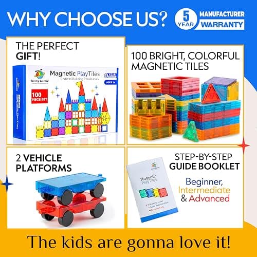 SUNNY AUNTIE Magnetic Tiles 100 PCS with 2 Cars, Magnetic Tiles for Kids & Toddlers, Toy for 3 4 5 6 7 8 Year Old Boys & Girls, Gift Box thumbnail 3