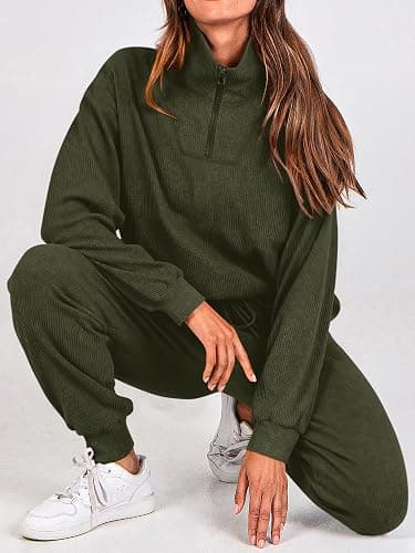 BTFBM Women's 2 Piece Tracksuit Fall Outfits 2025 Long Sleeve Half Zip Sweatshirt Sweatpants Lounge Set Sweatsuits - Solid Army Green - Large thumbnail 4