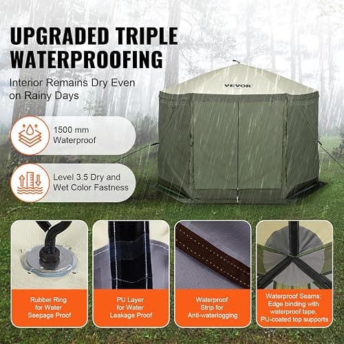 VEVOR Pop Up Gazebo Screen Tent 6 Sided Canopy Sun Shelter with 6 Removable Privacy Wind Cloths & Mesh Windows, 10x10FT Quick Set Screen Tent with Mosquito Netting, Army Green thumbnail 5