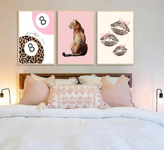 YUFXSTZV 3Pcs Pink Cheetah Wall Art Leopard Bow Print Painting Fashion Lucky 8 Ball Poster Leopard Lips Canvas Wall Decor Funky Preppy Room Aesthetic Picture for Girls Room Dorm Apartment Unframed thumbnail 2