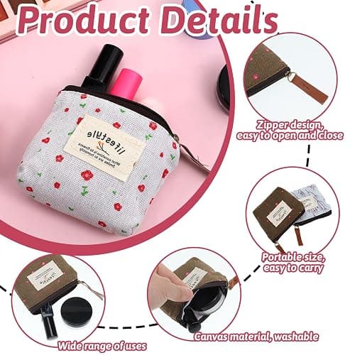 Mini Makeup Bag, 4 Pcs 4×3.7 Inch Linen Floral Small Makeup Bag for Purse Portable Small Zipper Pouch Cute Fabric Mini Cosmetic Bags for Women Girls Home Travel Lipstick Coin Cards Storage (4 Style) thumbnail 4