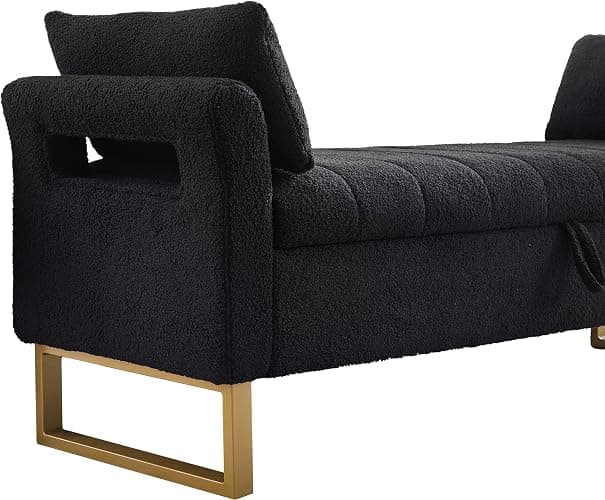 66" Storage Bench for Bedroom Upholstered End of Bed Bench King Size Black | Long Bedroom Benches for Foot of Bed King,Teddy Storage Bed Bench with Gold Legs,2 Pillows for Entryway Windows Cloakroom thumbnail 8