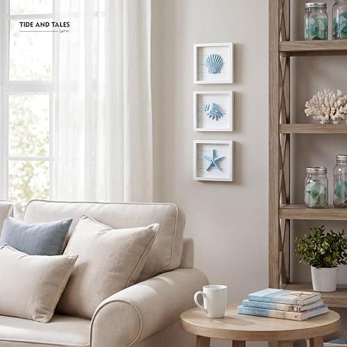 Tide and Tales 3D Coastal Wall Art, Beach Wall Decor, Framed Set of 4, Blue | 7" x 7", Textured 3d Seashells, Wall Decoration for Bathroom, Bedroom or Beach House, Lightweight, Hand Painted, Gift Boxed thumbnail 2