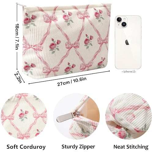 Cosmetic Bags for Women - Corduroy Cosmetic Bag Aesthetic Women Handbags Purses Smile Dots Makeup Organizer Storage Makeup Bag Girls Case Bags (Flowers-Apis) thumbnail 8