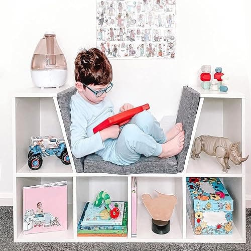 HOMCOM Bookcase Storage Shelf with Cushioned Reading Seat, Cube Bookshelf Organizer for Bedroom Living Room, White - White thumbnail 8