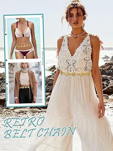 FIORETTO Metal Waist Chain Link Belt for Women Western Cowgirl Boho Turquoise Belts for Dress Jeans Country Concert Outfit - Gold-95 - Fit Waist up to 42" thumbnail 4