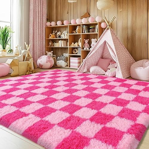 KOGSA 6x9 Fluffy Fuzzy Area Rug for Living Room Bedroom, Hot Pink Checkered | Ultra Soft Large Living Room Rugs, Non Slip Thick Shag Rug for Dorm, Kids Girls Boys Rug for Home Decor Aesthetic thumbnail 3