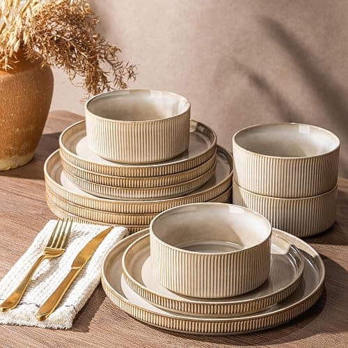 GBHOME Stoneware Dinnerware Sets for 4,12-Piece Plates and Bowls Set | Handmade Reactive Glaze Ceramic Dish Set, Scratch Resistant, Dishwasher&Microwave Safe,Cappuccino - Image 1
