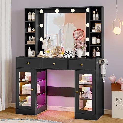 Wodeer Makeup Vanity Desk with Mirror and Lights, Black Vanity with Glass Top, LED Lights & Power Outlet, 3 Drawers & 2 RGB Glass Cabinets, Adjustable Lighted Dressing Table for Women & Girls Bedroom thumbnail 8