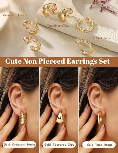 BESTEEL 3Pairs Clip on Earrings for Women Trendy Hypoallergenic 14K Gold Plated Chunky Tube Croissant Waterdrop Clip-on Hoop Earrings Set Fake Jewelry Non Pierced Ears thumbnail 4