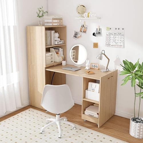 Folding Computer Desk with Wheels,Hideaway Desk with Storage Shelves, Murphy Desk for Small Apartments and Offices thumbnail 3