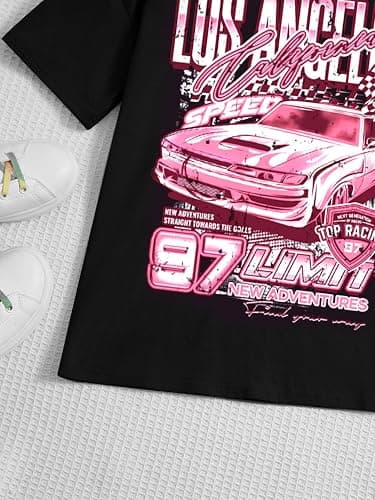 WDIRARA Girl's Car Letter Graphic Print Round Neck Short Sleeve Tee Summer Casual T Shirt thumbnail 2