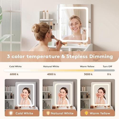 LIVELYGLOW 24" White Small Vanity Set with Lighted Mirror & Storage Stool | Smart LED Mirror, Charging Station, Hairdryer Rack, Space-Saving thumbnail 5