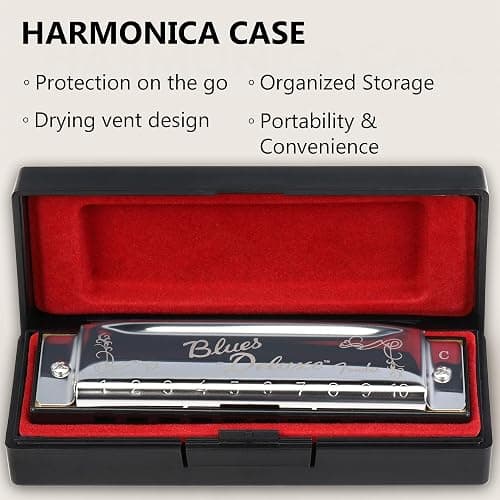 Fender Blues Deluxe Harmonica - Key of C Bundle with Carrying Case, Austin Bazaar Online Manual, and Polishing Cloth thumbnail 6