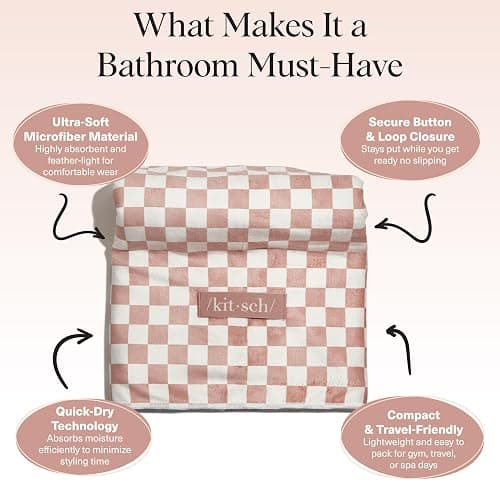 Kitsch XL Microfiber Hair Towel Wrap for Women – Ultra Absorbent Microfiber Towel for Wet, Curly, Long or Short Hair – Quick Dry, Anti-Frizz Hair Wrap – Terracotta Checkered, 40x24 inches thumbnail 4