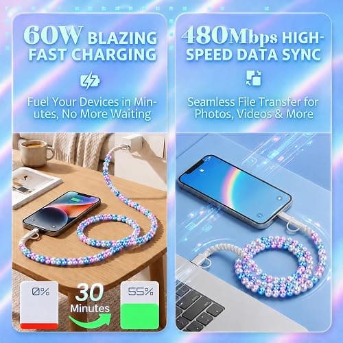 Atsidexa 4-in-1 Beaded Charging Cable, MFi Certified, Works with CarPlay, 3.3FT 60W Fast Charger Cord for iPhone 17/16/15/14/13/12/11, iPad, Samsung, Android and More (Mermaid Glow) thumbnail 3
