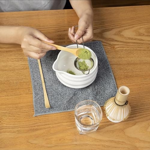 Matcha Whisk Set, 7 Pcs Matcha Kit, Premium Ceramic Matcha Set, Whisk and Bowl, Sifter, Cup Holder, Bamboo Scoop, Tea Plucking, Tea Towel, Matcha Lovers (White) thumbnail 2