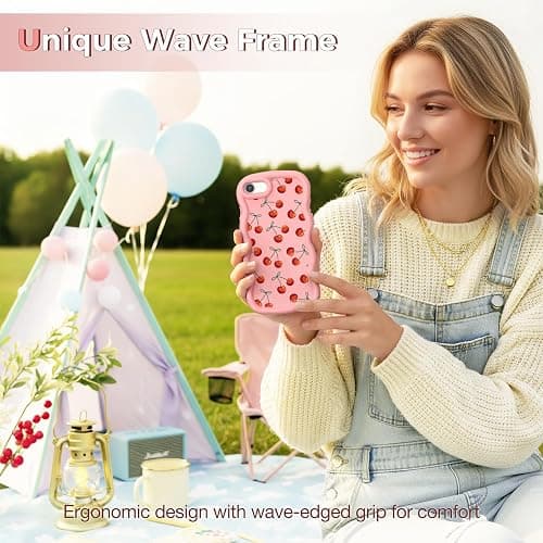 CASBST Compatible with iPhone SE/8/7 Case for Women Girls, Curly Wavy Frame with Cute Pattern, Aesthetic Slim Soft Silicone TPU Bumper Shockproof Phone Case for iPhone SE/8/7 - Bow Cherry thumbnail 4