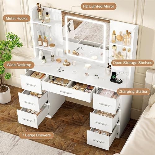 FIONESO Large Vanity Desk with LED Lighted Mirror & Power Outlet, Makeup Vanity Table with 7 Drawers,4 Shelves and 5 Hooks, White Vanity for Bedroom, Bathroom thumbnail 4