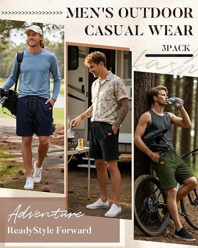 Neer 3 Pack Men's Corduroy Shorts Casual Elastic Waist Drawstring Lightweight Summer Beach Loose Fit Shorts with 3 Pockets thumbnail 3