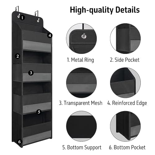 TYMENSH Over The Door Hanging Organizer with 4 Large Pockets – Closet, Bathroom, Nursery, Bedroom, Dorm Storage for Toys, Cosmetics, and Baby Essentials, Black thumbnail 4