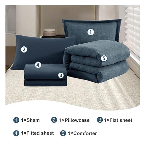 Geniospin Twin Comforter Set - 5 Pieces Comforter Twin Size, Solid Bedding Sets for All Season, Textured Bed in a Bag with Flat Sheet and Fitted Sheet, Pillowcases and Shams (Navy Blue, 66''x86'') thumbnail 7