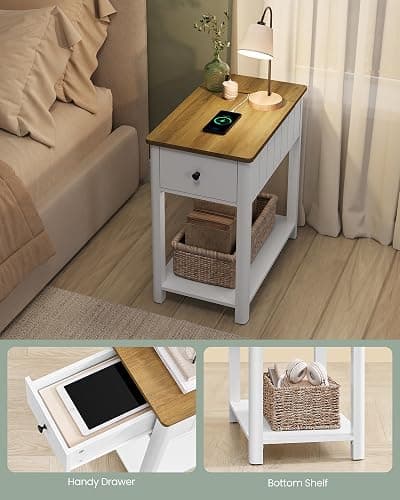 VASAGLE Side Table with Charging Station, End Table with USB Ports and Outlets, Nightstand with Storage, for Living Room, Bedroom, Modern Farmhouse Style, Rustic Walnut and White ULET318T14V1 - Rustic Walnut + White thumbnail 4