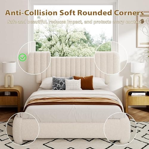 viplov Queen Size Boucle Bed Frame, Adjustable Headboard, Beige | Fluffy Boucle Upholstered Platform Bed Frame, Cloud Adjustable Headboard, Rounded Corners. Squeak‑free, Fast assembly thumbnail 3