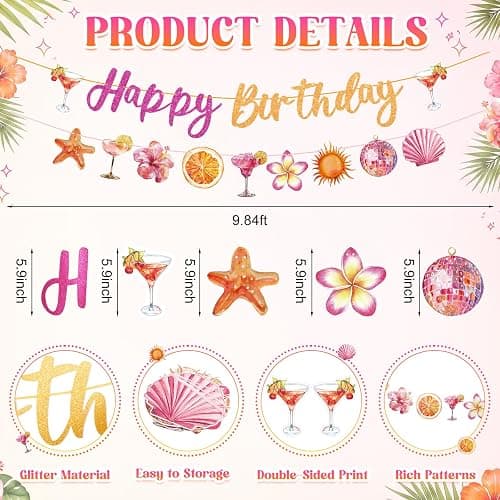VitalCozy 10pcs Pink and Orange Sunset Birthday Decorations for Women Pink and Orange Happy Birthday Banner, Tropical Tequila Garland and Hanging Swirls Decorations thumbnail 4