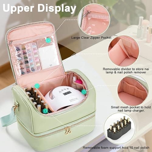 Uross Nail Polish Organizer Bag Holds 50 Bottles Nail Polish, Nail Lamp, Nail Supplies- Nail Organizers and Storage Case for Nail Tech, Nail Stuff Gel Kit Box Gift for Manicurist- Green thumbnail 6