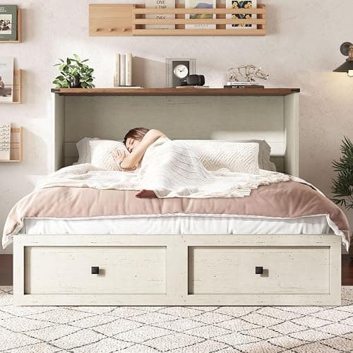 AMERLIFE Queen Murphy Bed with Storage & Charging Station, Farmhouse Murphy Cabinet with Foldable Panel, Noisy Free, for Guest Bedroom, Living Room, Office, Distressed White thumbnail 2