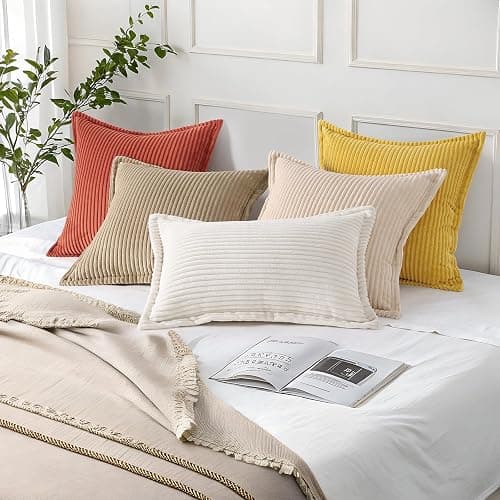 Mecatny Corduroy Fall Throw Pillow Covers 18x18 Set of 2 Cream White | Soft Striped Texture, Broadside Design, Neutral Boho Square Pillow Cases for Sofa Couch Living Room Bedroom, Home Décor thumbnail 7