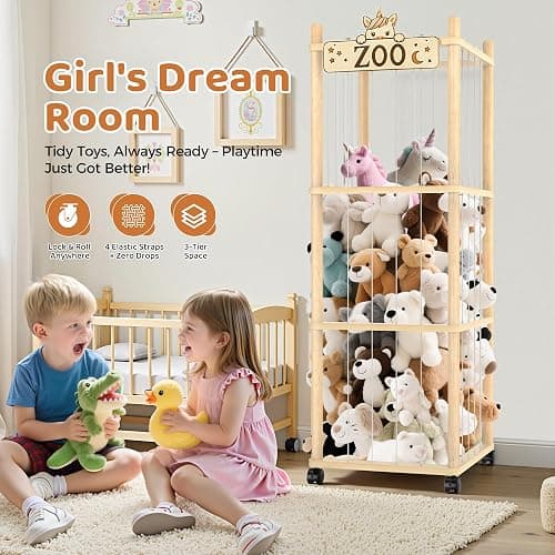 Stuffed Animal Storage Zoo Tower,56In Wooden Large Stuffed Animal Holder Organizer with Wheels,Stuffy Plushies Storage with Elastic Band&Mesh Bottom,Toy Storage Organizers for Playroom Bedroom Nursery thumbnail 4