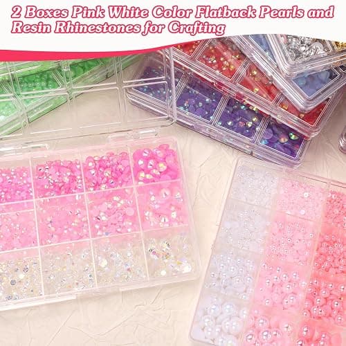 2 Boxes Pink White Flatback Pearls and Resin Rhinestones for Crafting, 3-6 mm Jelly Rhinestones, Mixed Size Half Pearl Bedazzling Gems for Nail DIY Crafts Mugs Bottles Tumblers Clothes Makeup thumbnail 2