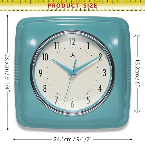 Infinity Instruments Retro – 9-Inch Square Silent Non-Ticking Mid-Century Modern Wall Clock – Vintage Decorative Timepiece for Kitchen, Office, or Diner – Turquoise thumbnail 3